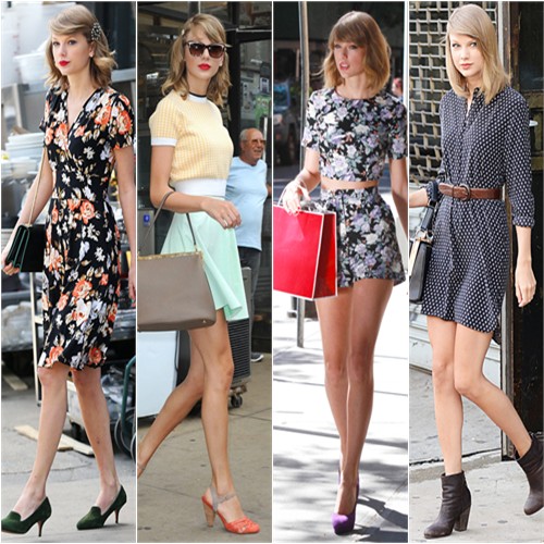 Taylor Swift in ModCloth, Miu Miu/Topshop, Asos, and Equipment