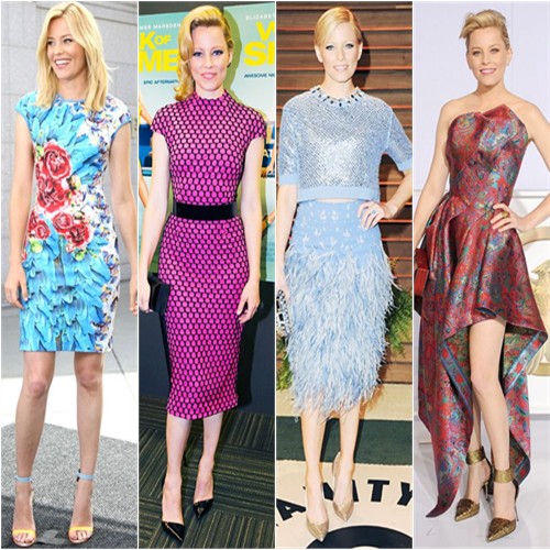 Elizabeth Banks in McQ, Monique Lhuillier, Jenny Packham, and Leonard