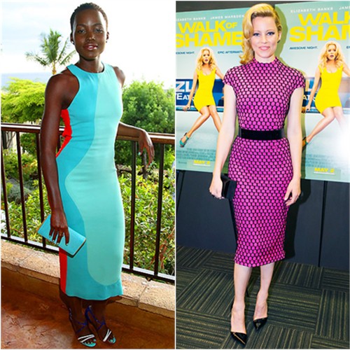 Lupita in Calvin Klein; Elizabeth in Monique Lhuillier