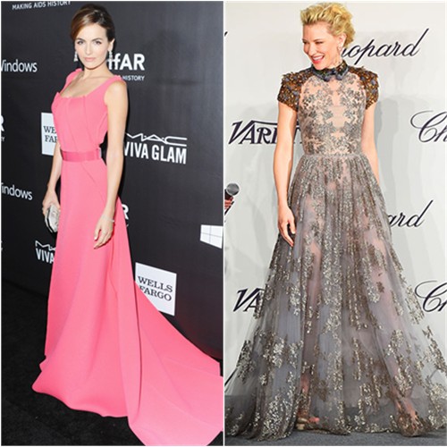 Camilla in Carolina Herrera; Cate in Valentino