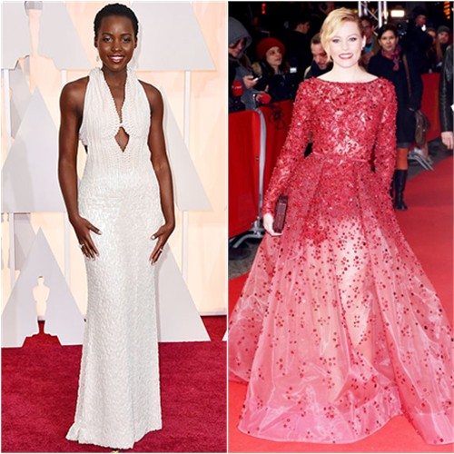 Lupita in Calvin Klein; Elizabeth in Elie Saab